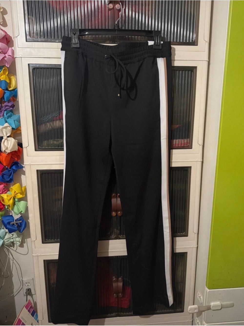 White House Black Market Black Boot-Cut Pants with White Side Stripes